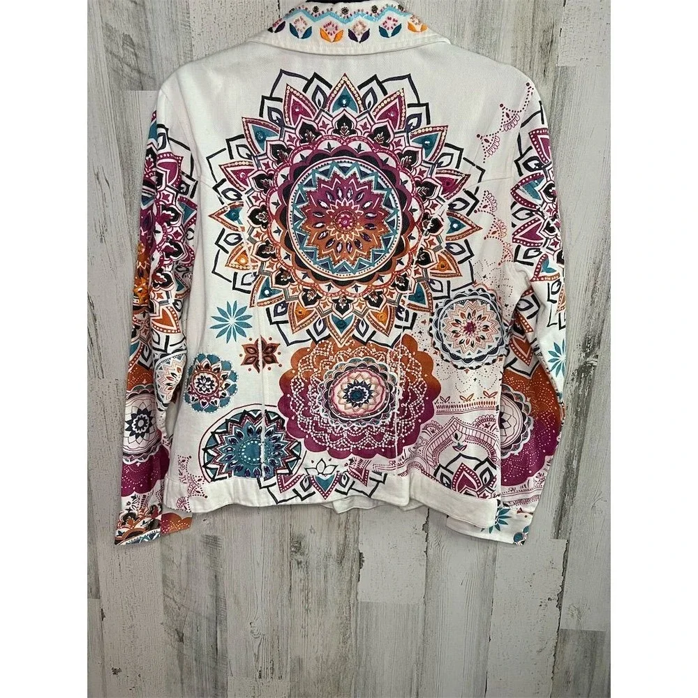 Boston Proper Womens White Mandala Embellished Denim Jacket Size S Boho Beaded - Picture 14 of 16